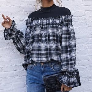 Plaid Black Blouse / Sleeve Frill Trim s